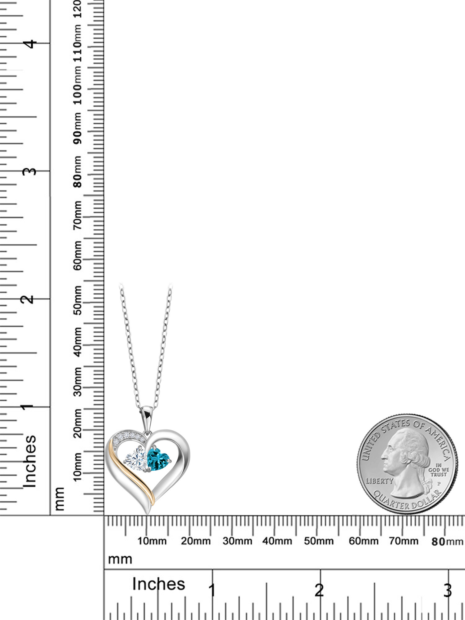 925 Silver and 10K Yellow Gold Heart Shape Lab Grown Diamond Pendant Necklace for Women with White Moissanite by Charles & Colvard and London Blue