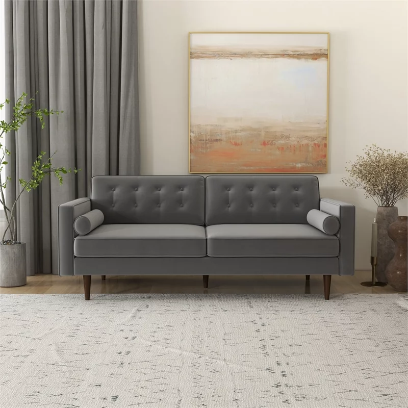 Kearney Mid Century Modern Furniture Style Gray Velvet Living Room Couch