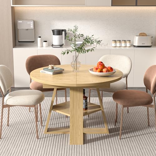 43.3in-59in Extendable Round Dining Table for 4-8,Modern Kitchen Oval Dining Table with Removable Leaves Space Saving