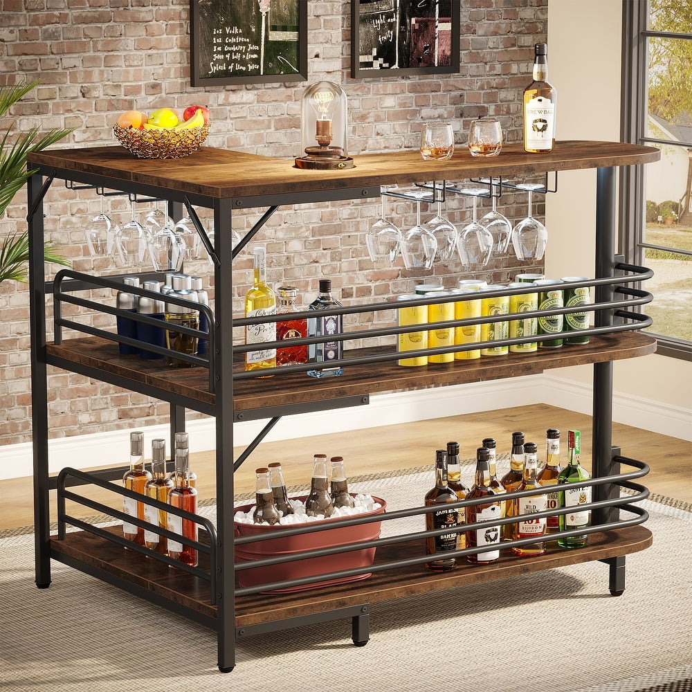 Tribesigns L-Shaped Home Bar Unit, 3 Tier Liquor Bar Table with Storage Shelves and Wine Glasses Holder, Rustic Brown