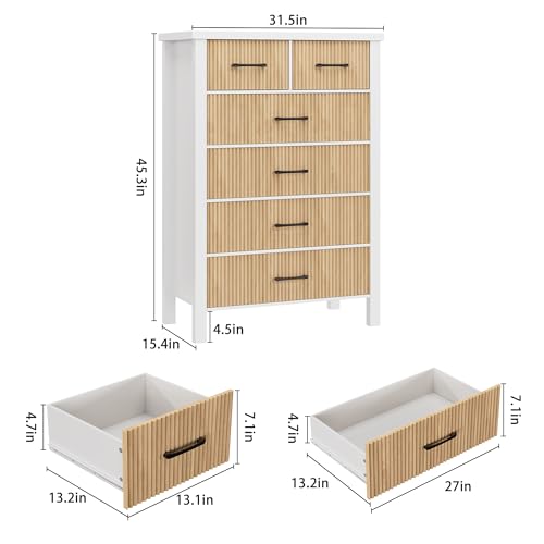 Fluted 6 Drawers Dresser for Bedroom, Tall Boho Chest of Drawers with Metal Handle, Wooden Closet Clothes Storage Organizer for Living Room