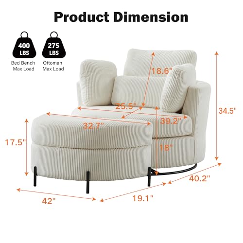 Chifee & Vingol 42.2" Oversized Swivel Accent Chair Round Barrel Chair,Chenille,Beige