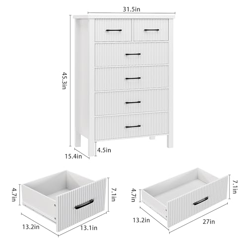 Fluted 6 Drawers Dresser for Bedroom, Tall Boho Chest of Drawers with Metal Handle, Wooden Closet Clothes Storage Organizer for Living Room