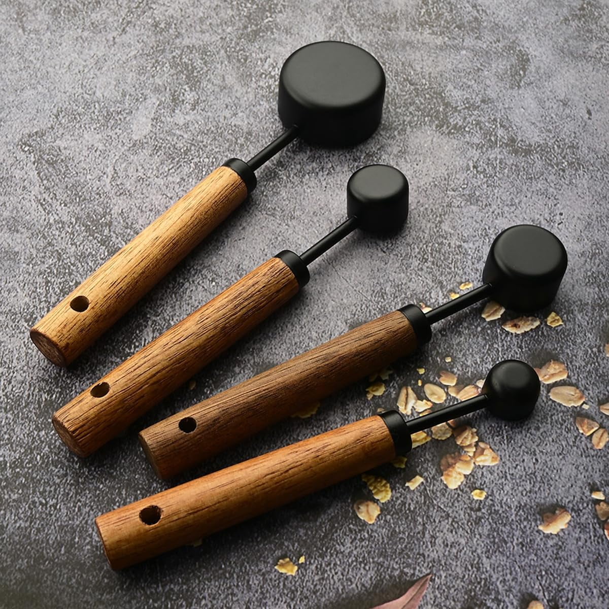8 pieces Golden Measuring Cups Set and Measuring Spoons Set with Scale, Wooden Handle Stainless Steel Dry &amp