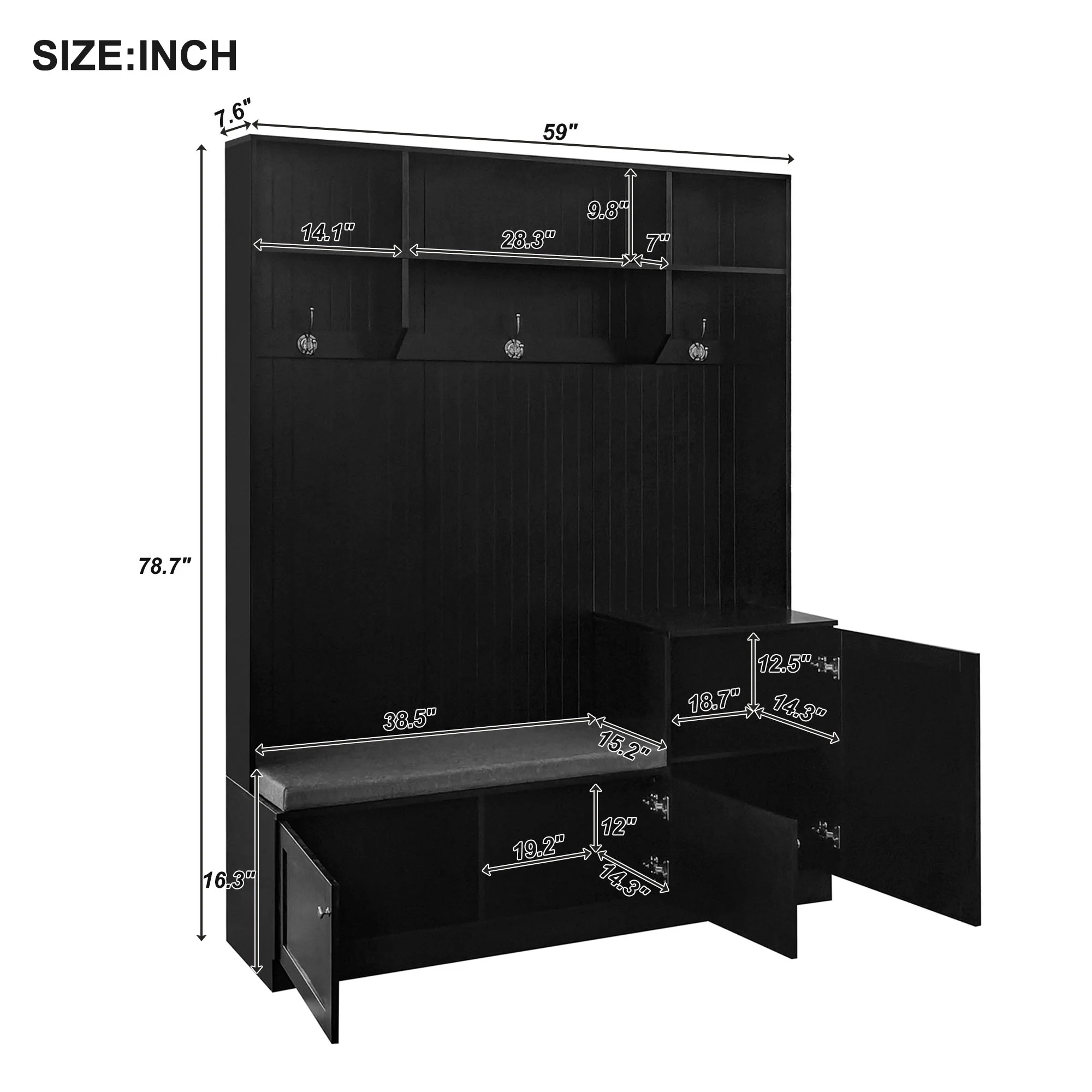 Churanty 4-in-1 Hall Tree with Bench and Shoe Storage, Coat Rack with Cushion Mudroom Bench and Hooks, Modern Hall Trees for Hallway, Black
