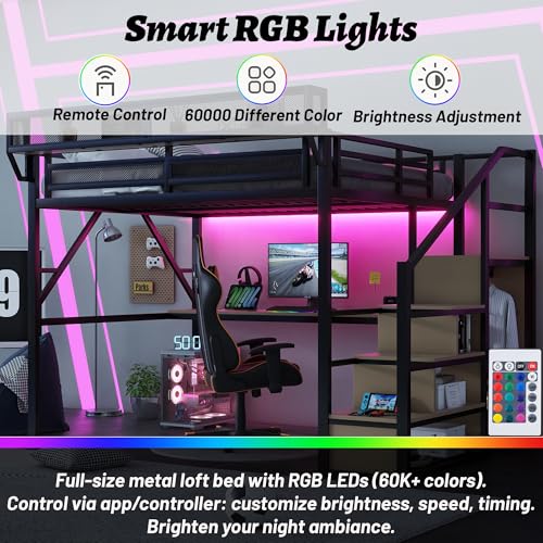 Full Size Loft Bed with Desk and Stairs, Heavy-Duty Steel Loft Bed Frame with Wardrobe & LED Light
