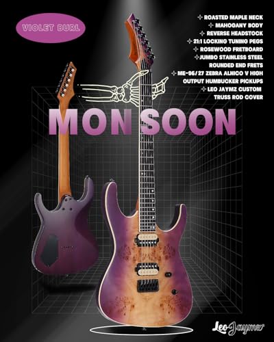 Leo Jaymz Electric Guitar Monsoon Series,Reverse Headstock,Mahogany Body,Roasted Maple Neck,Rosewood Fretboard,Locking Tuners,Rounded End Frets