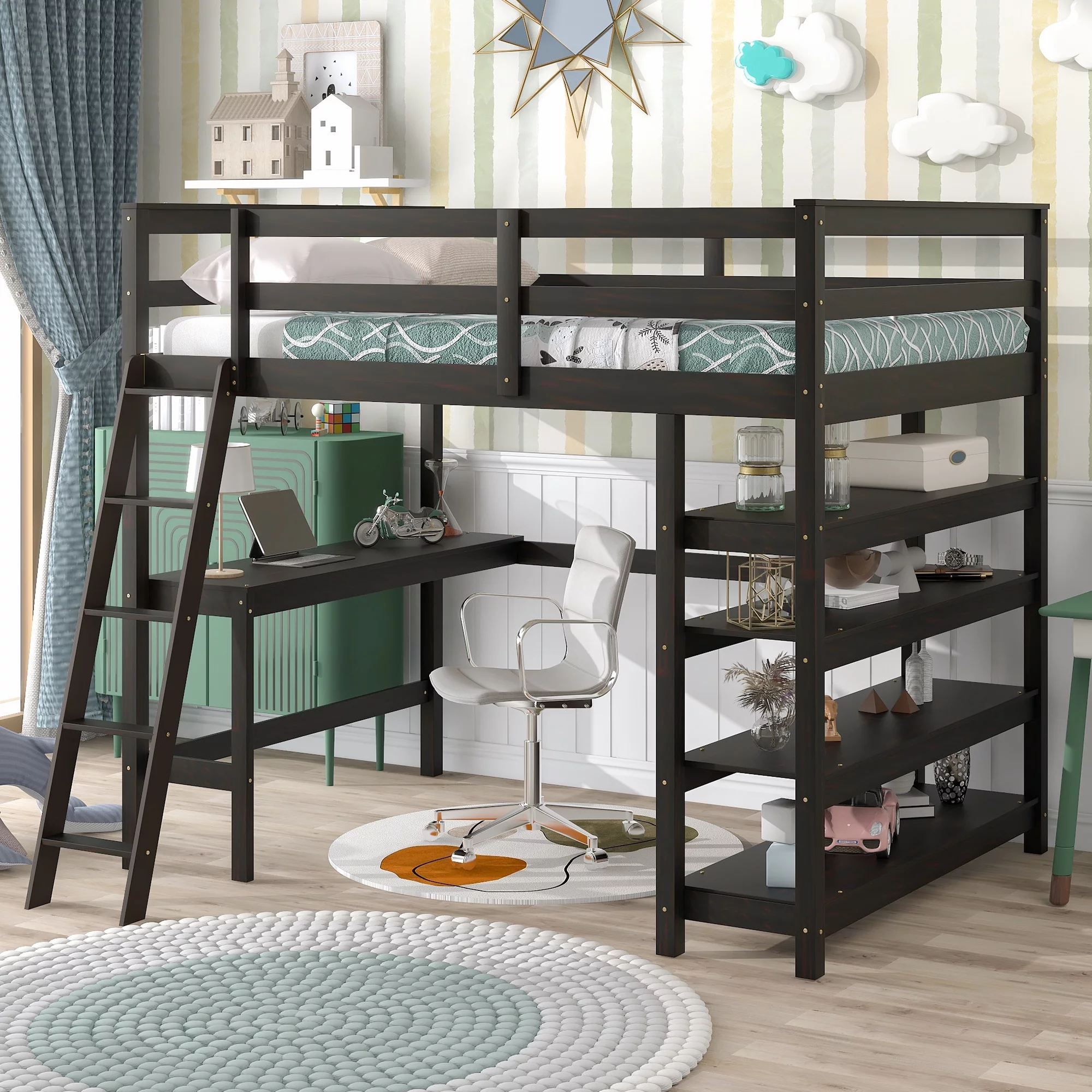 Wooden Full Loft Bed with Desk, Full Size Bunk Bed with 4 Tier Storage Shelves, Workstation Desk, Safety Rail, Wider Ladder for Kids Teens Adults