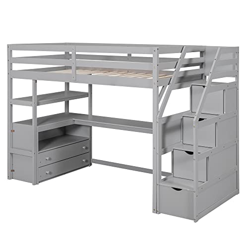 Twin Loft Bed with Staircase, Desk and Wardrobe, Wood Loft Bed with Storage Shelves and Safety Guardrail