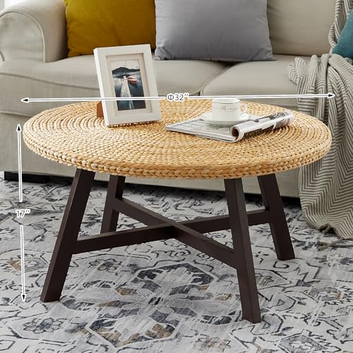 RANDEFURN Coffee Table Round, Seagrass Coffee Tables,Pine Wood X Base Frame Cocktail Table, Easy Assembled, Multiple Sizes for Living Room
