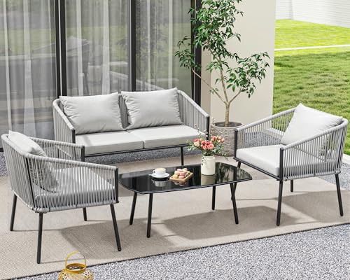 YITAHOME 4-Piece Patio Furniture Wicker Outdoor Bistro Set, All-Weather Rattan Conversation Loveseat Chairs for Backyard