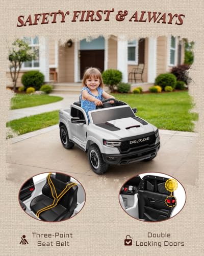 12V Licensed Ram 1500 Ride on Toy for Kids, Toddler Ride on Pickup Truck with Parent Remote Control, Electric Car for Kids with Truck Bed Storage