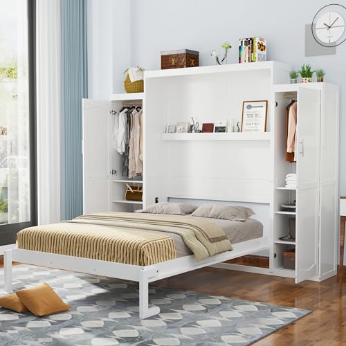 Harper & Bright Designs Full Size Murphy Bed, Wood Full Wall Bed with Two Closets and Storage Shelf