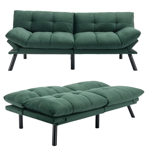 Velvet Convertible Bed, 71" Comfy Loveseat Sleeper Sofa with Adjustable Backrest Armrest, Strengthen Wood, Thick Cushion