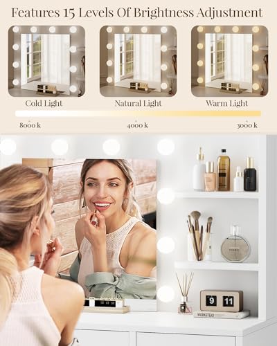 Vanity Desk with Mirror and Lights, Makeup Vanity with Drawer & Storage Shelves, Cabinet, 3 Lighting Modes Adjustable Brightness