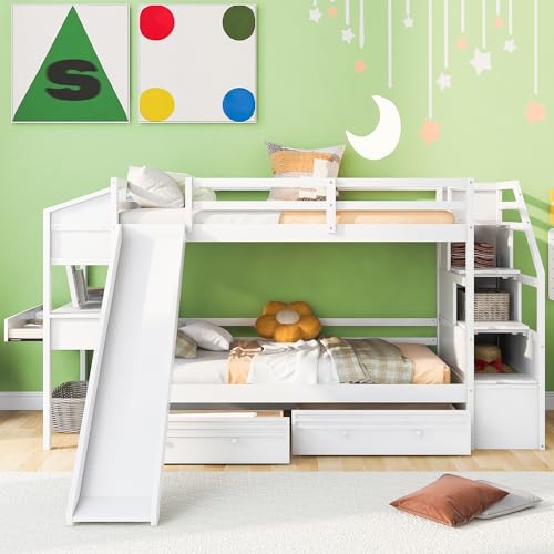 Harper & Bright Designs Bunk Beds Twin Over Full Size, Bunk Bed with Trundle,Storage Shelf and Stairway