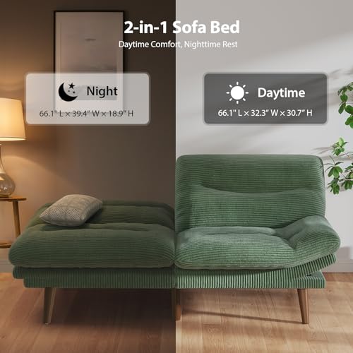 Pipishell Convertible Futon Sofa Bed,66" Corduroy Futon Couch with Adjustable Backrest and Armrests, Recliner Sleeper Sofa for Small Spaces