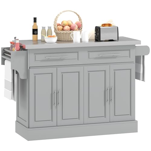 HOMCOM Rolling Kitchen Island Cart with Wheels, Portable Island Table for Kitchen with Stainless Steel Top, Adjustable Shelves, 2 Drawers, Spice