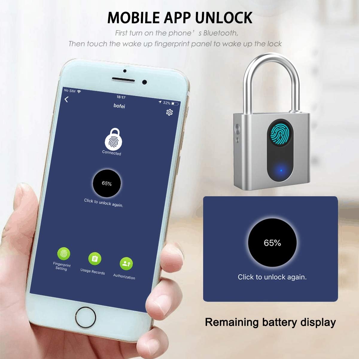 Fingerprint Padlock, MEGAFEIS Smart Padlock, Bluetooth Lock, Mobile APP, IP66 , Biometric Lock with Keyless for Lockers, Office, School, Gym, Factory