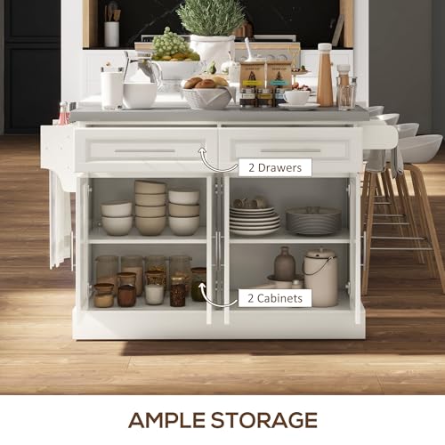 HOMCOM Rolling Kitchen Island Cart with Wheels, Portable Island Table for Kitchen with Stainless Steel Top, Adjustable Shelves, 2 Drawers, Spice