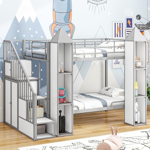 Full-Over-Full Castle Style Bunk Bed with 2 Drawers and 3 Shelves, Wood Bunk Bed Frame with Slide and Storage Staircase for Kids Teens Boys Girls