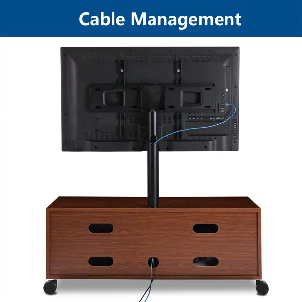YOMT Wood Storage TV Stand with Mount for TVs up to 65" Rolling Wheels Brown