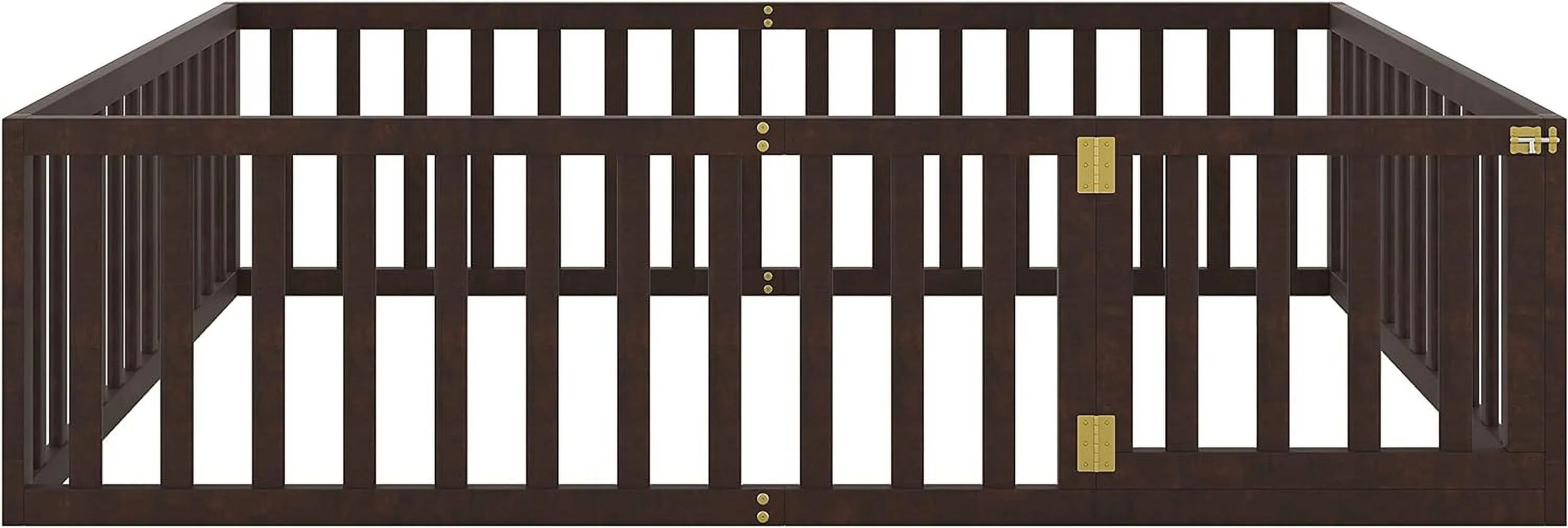Queen Floor Bed With Fence For Kids, Montessori Floor Bed, Wood Platform Bed Frame Cabin Bed For Girls Boys, Walnut