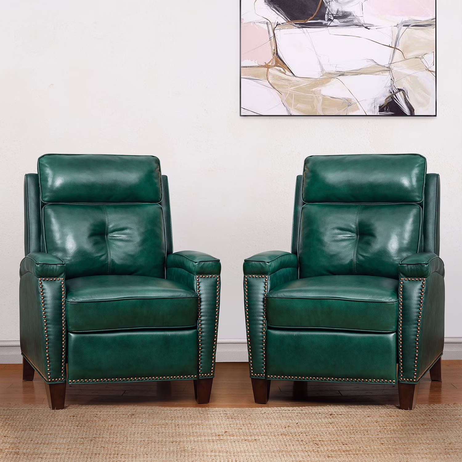 14 Karat Home Mariana Upholstered Genuine Leather Cigar Recliner with Tufted Back Set of 2 in Green