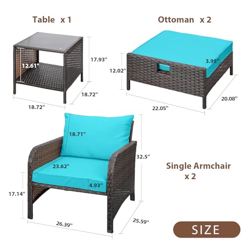 LEVELEVE Balcony Furniture 5 Piece Patio Conversation Set, PE Wicker Rattan Outdoor Lounge Chairs with Soft Cushions 2 Ottoman&Glass Table for Porch