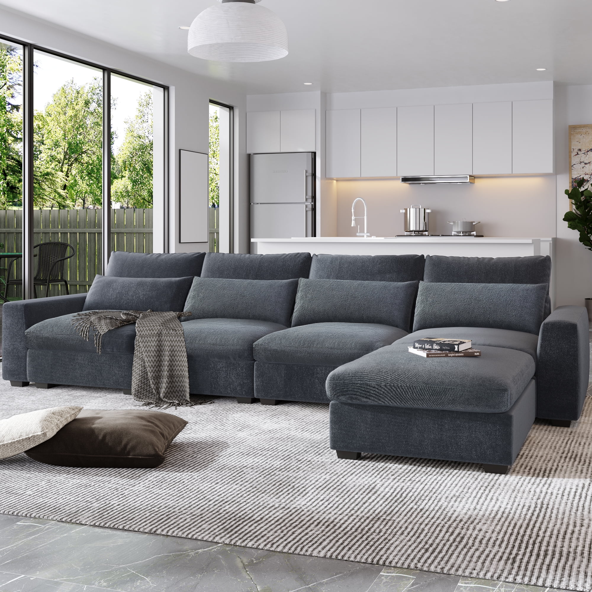 THINK 30, Dark Gray,5 Seat,Modern Large L-Shape Feather Filled Sectional Sofa,Convertible Sofa Couch with Reversible Chaise for Living Room