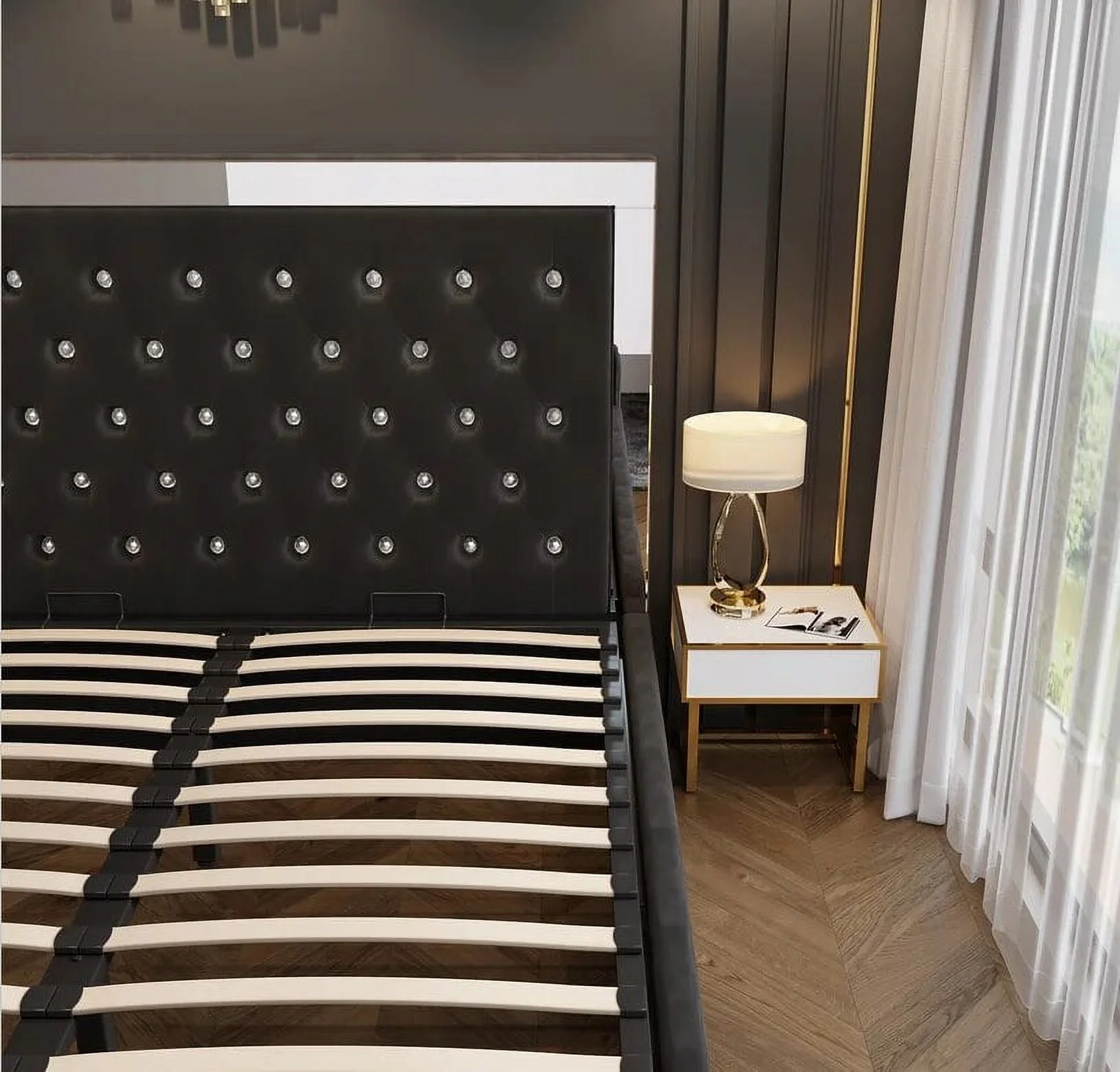 Headboard with Mirror Crystal Luxury Double Queen King Ottoman Gas Lift Velvet Fabric Upholstered Bedroom Furniture