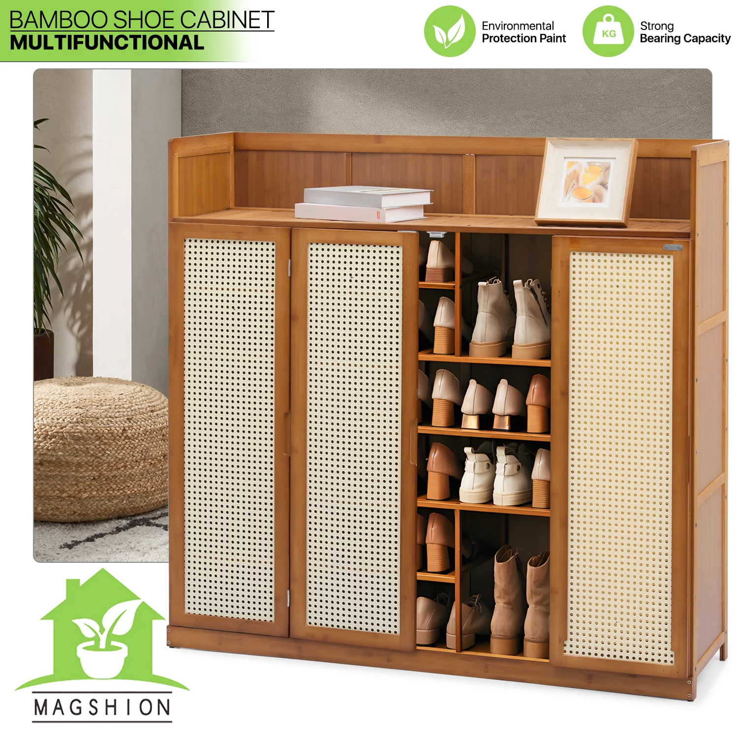 Magshion Bamboo 30 Pairs Shoe Cabinet, 7-Tier Entryway Shoe Storage Cabinet with Folding Rattan Doors and Boots Compartments