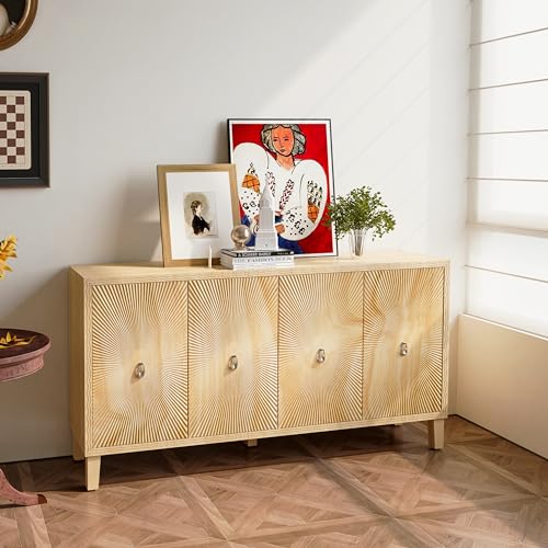 Wood Sideboard Buffet Cabinet Farmhouse Double Door Sideboard Buffet Cabinet 60 Inch Wood Kitchen Storage Cabinet for Living Room Kitchen Entryway