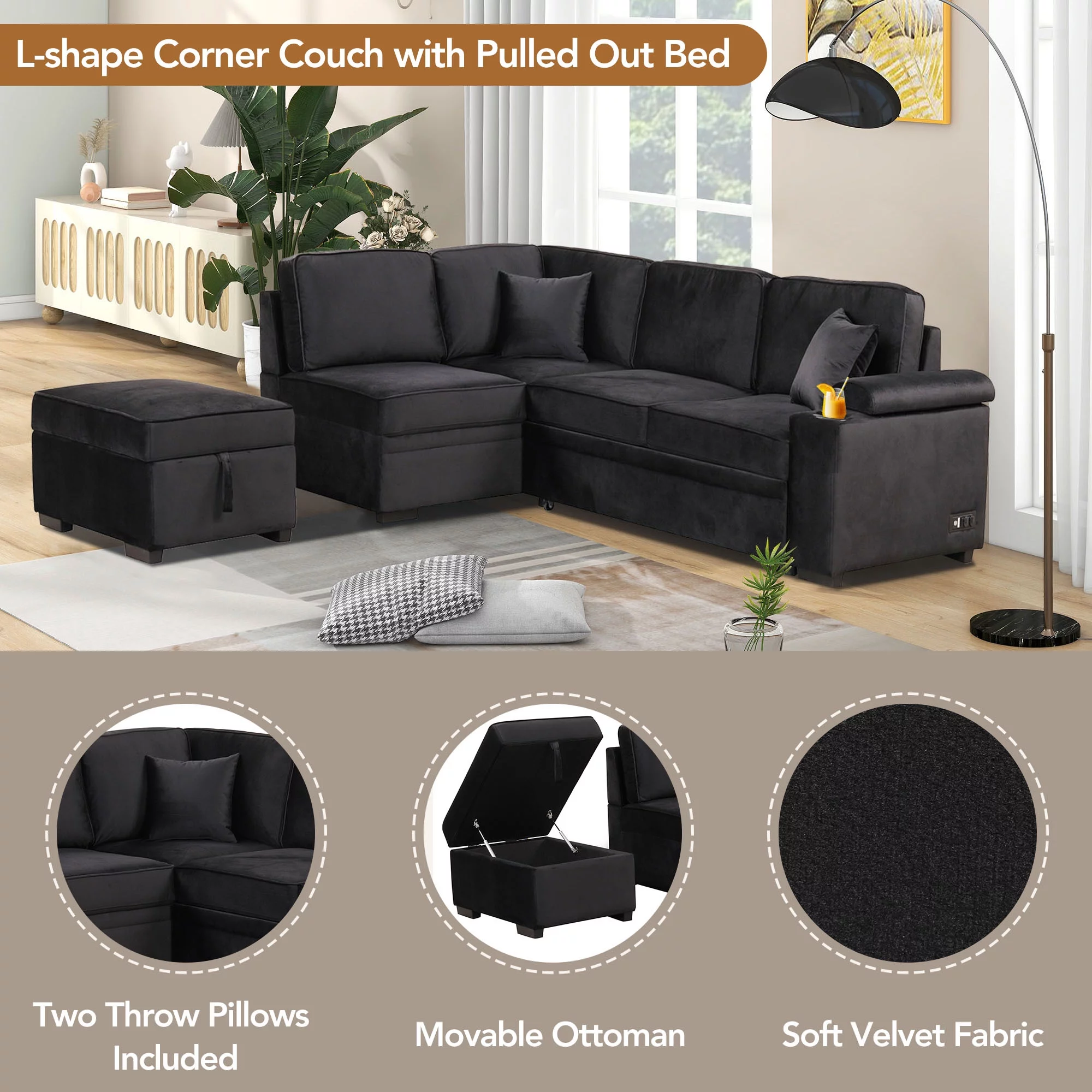 Soges Sleeper Sofa Bed 5 Seat, L Shape Sofa with Pull Out Bed Velvet Couch with USB Ports and Storage Ottoman for Living Room Bedroom, Black