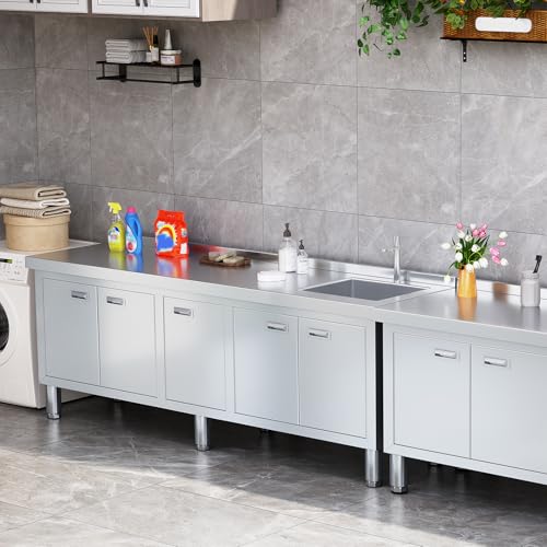 ZZV Freestanding Stainless Steel Sink with Cabinet Heavy Duty Utility Sink Commercial for Kitchen Restaurant Hotel Cafe and Outdoor