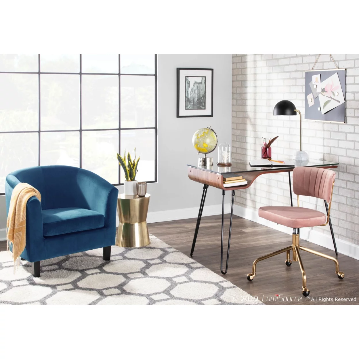Indoor Home Office Furniture Avery Mid-Century Modern Desk In Walnut Wood, Clear Glass, And Black Metal