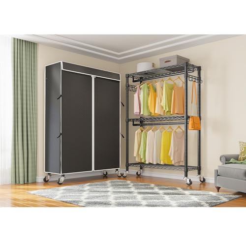 VIPEK R2C Medium Rolling Garment Rack with Cover Heavy Duty Clothes Rack Adjustable Clothing Rack for Hanging Clothes Portable Closets with Double