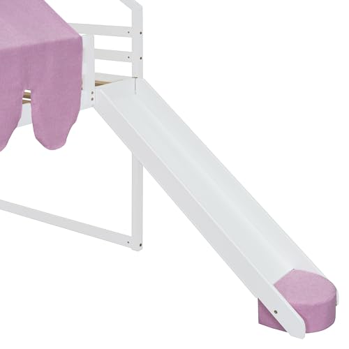 Harper & Bright Designs Kids Twin Low Loft Bed with Slide and Storage Shelves, Wood Playhouse Loft Bed Frame with a Tent & Stairs