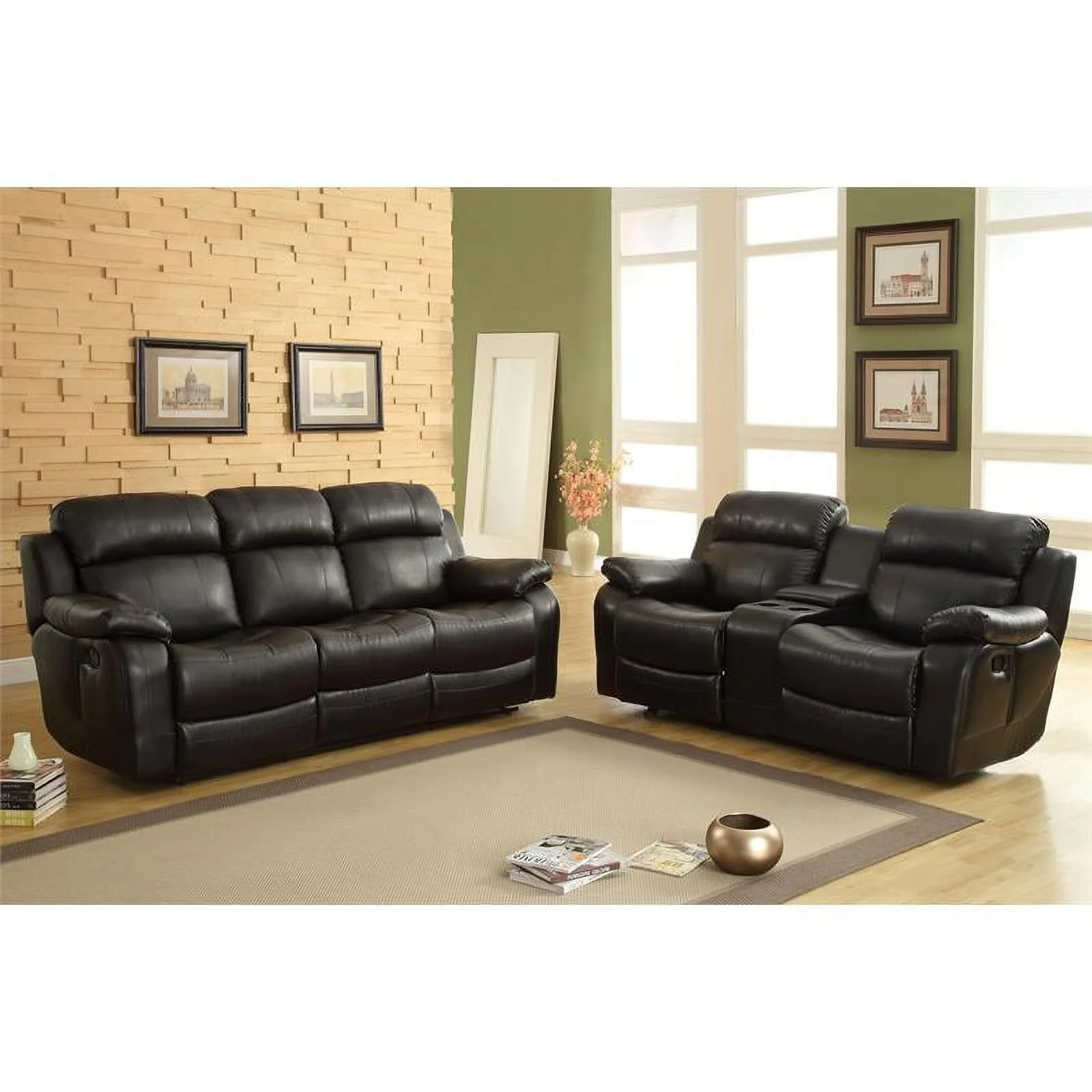 Pemberly Row Traditional Faux Leather Double Glider Reclining Loveseat in Black