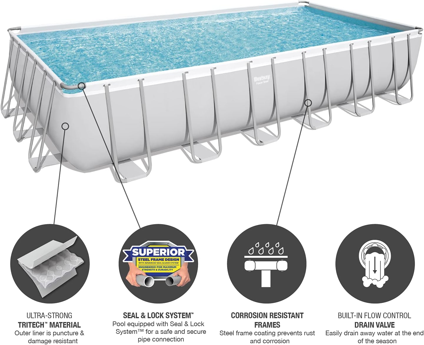 Bestway 56711E Power Steel 18' x 9' x 48 Outdoor Oval Frame Above Ground Swimming Pool Set with 1500 GPH Cartridge Filter Pump, Cover, & Ladder, Gray