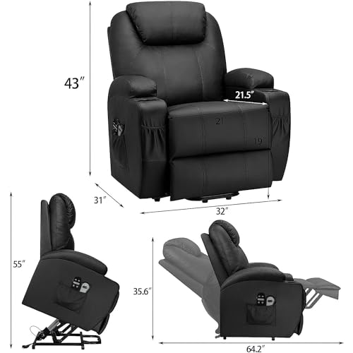 Flamaker Power Lift Recliner Chair PU Leather with Massage for Elderly Ergonomic Lounge Chair Classic Single Sofa with 2 Cup Holders Side Pockets