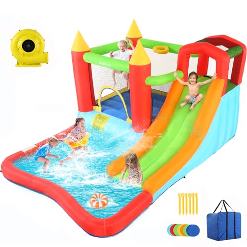 Bounce House with Ball Pit, Inflatable Bouncy House for Kids All in One Jumping Castle, Wide Slide, Ball Pool, Basketball Hoop, Dart Target