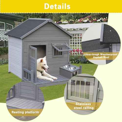Outdoor Wooden Dog House,Waterproof Kennel with Deck and Sloped Roof,High Stability Pet Dog Cage for Small/Medium Puppy