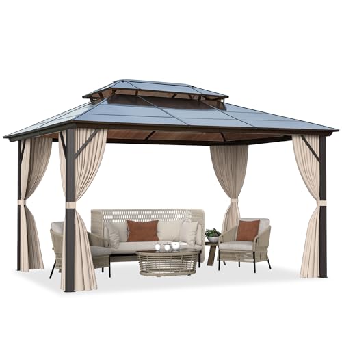 MELLCOM 10'x13' Hardtop Gazebo with Polycarbonate Double Roof, Aluminum Frame Outdoor Gazebo Permanent Pavilion with Curtains and Netting for Patio