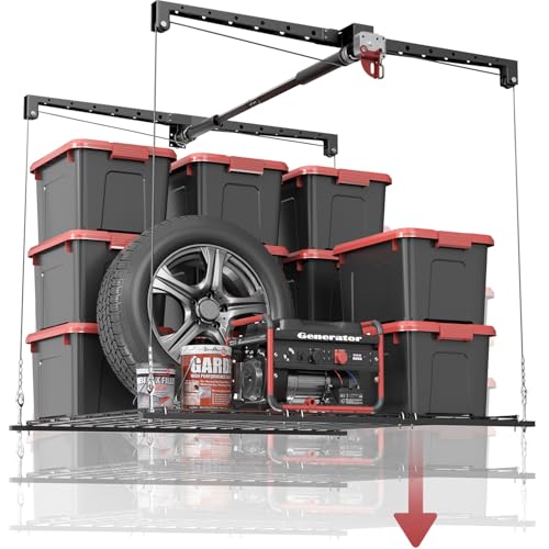 Overhead Garage Storage Rack, Heavy-duty 4x4 FT Ceiling Storage Racks with Safety Lock