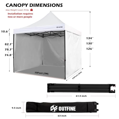 OUTFINE Heavy Duty Canopy 10x10 Pop Up Commercial Canopy Tent with 3 Side Walls Instant Shade, Bonus Upgrade Roller Bag, 4 Weight Bags