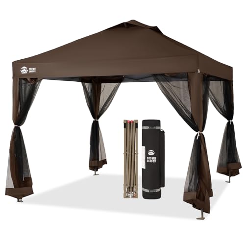 CROWN SHADES Gazebo 10x10 Pop Up Canopy with Mosquito Netting, Screen Tent with 4 Ropes, 8 Stakes, 4 Sandbags and Wheeled Storage Bag