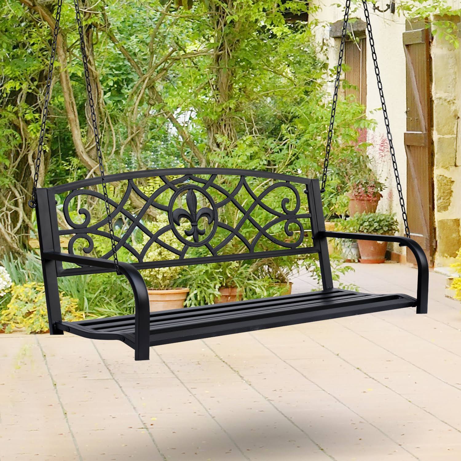 Outsunny Metal Porch Swing Chair Seat with Fleur-de-lis Decor, Steel