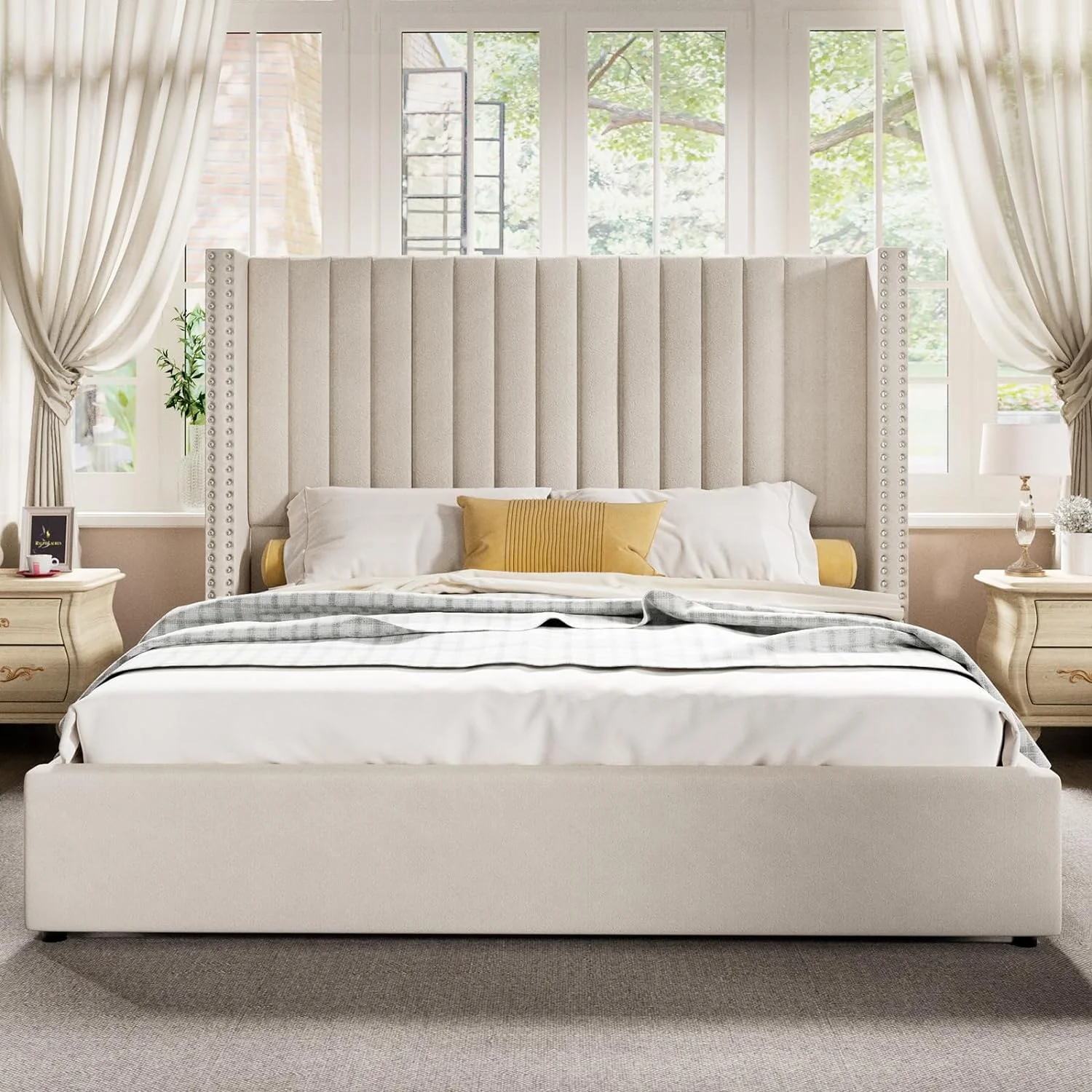 Jocisland Queen Bed Frame Lift Up Storage Bed, Velvet Queen Upholstered Bed Frame Channel Tufted Wingback Headborad/No Box Spring Needed/Cream