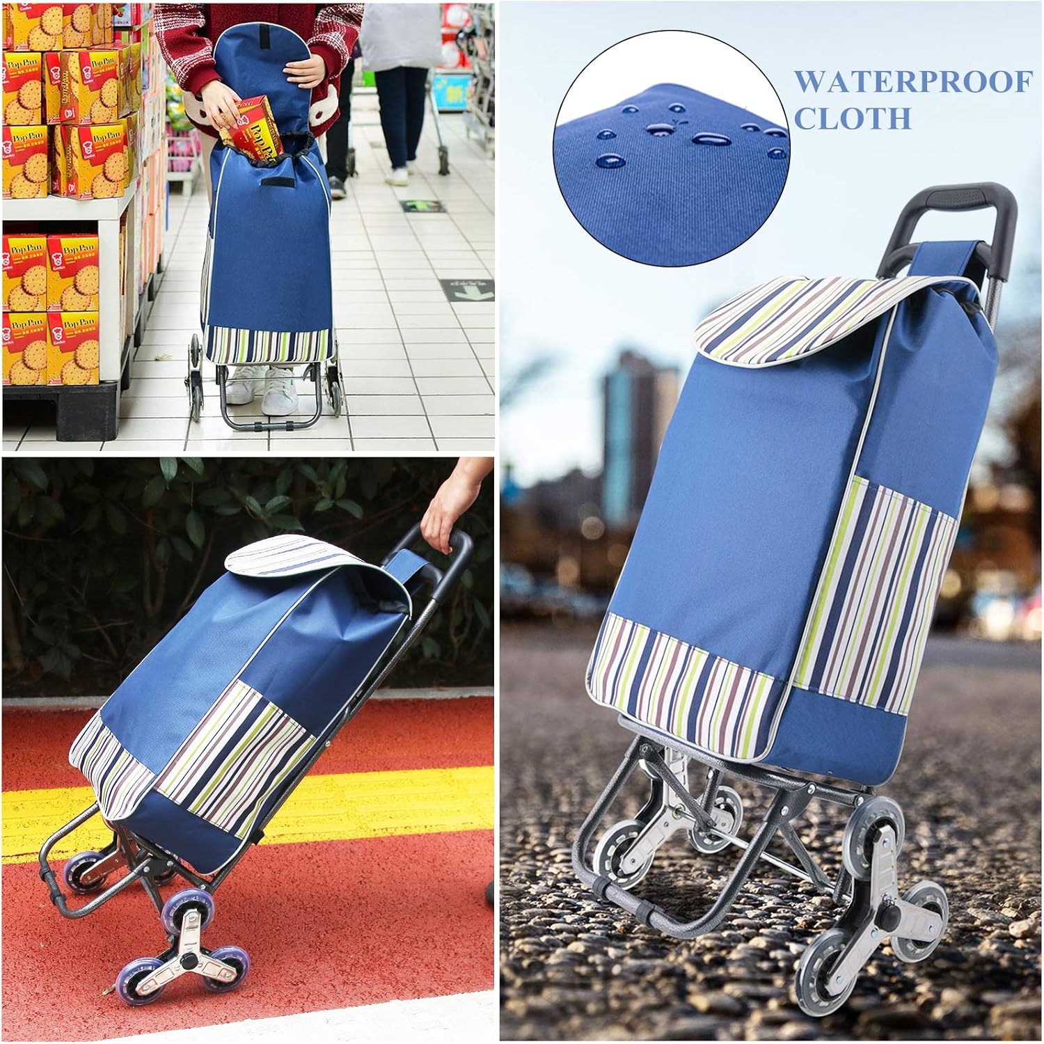 Foldable Shopping Cart, Heavy Duty Grocery Cart with Rubber Tri-Wheel for Easy to Climb Stairs